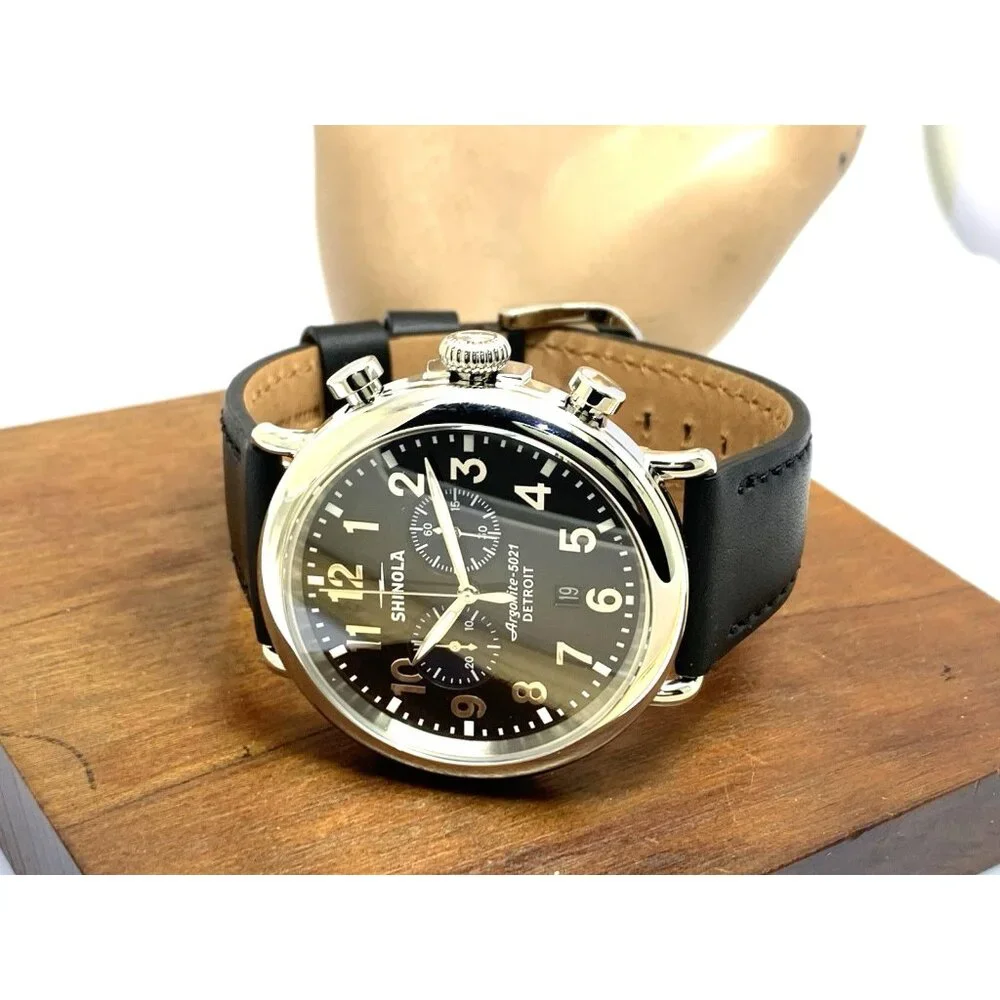 Shinola Men's Watch S0120109242 Quartz Chronograph Black Dial Leather Strap 47mm